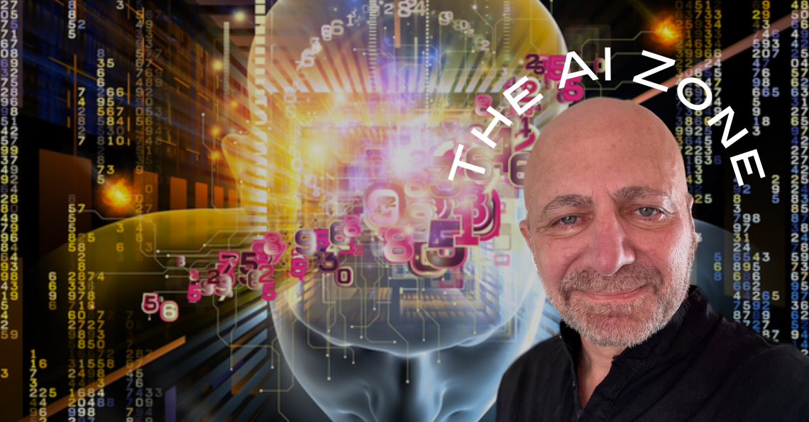 The AI Zone. Photo of Emiliano in front of Ai image.