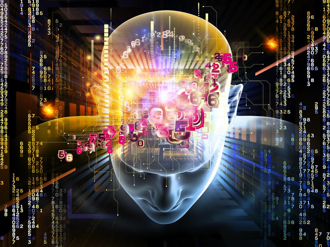 AI, head bowed, swirling colors in the brain.